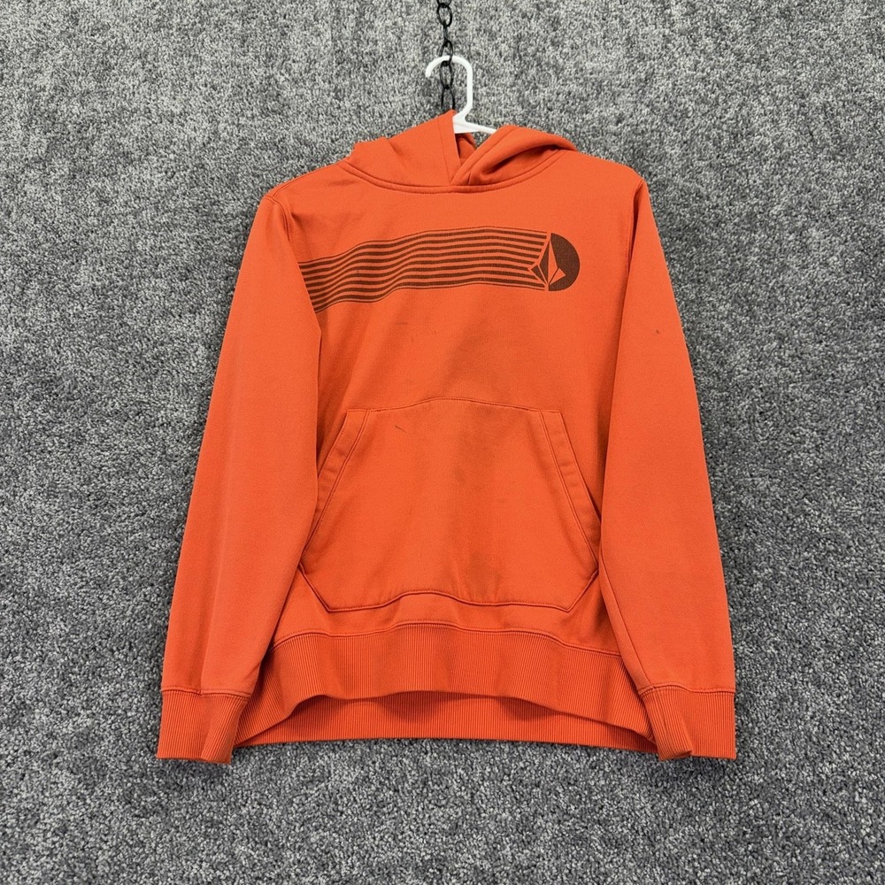 Volcom Hoodie Boys Large Orange Fleece Pullover Logo Graphic Kangaroo Pocket